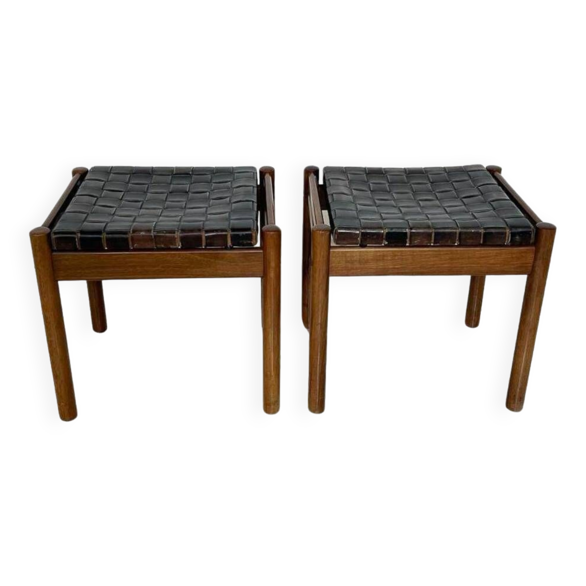 Mid-Century Modern Brown Leather and Wood Pair of Stools
