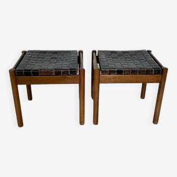 Mid-Century Modern Brown Leather and Wood Pair of Stools