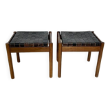 Mid-Century Modern Brown Leather and Wood Pair of Stools