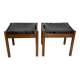 Mid-Century Modern Brown Leather and Wood Pair of Stools