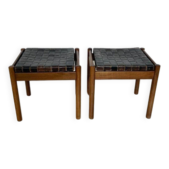 Mid-Century Modern Brown Leather and Wood Pair of Stools