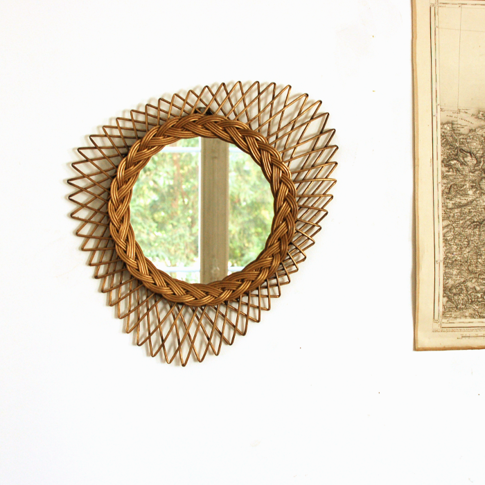 Mirror in golden rattan 42x42cm