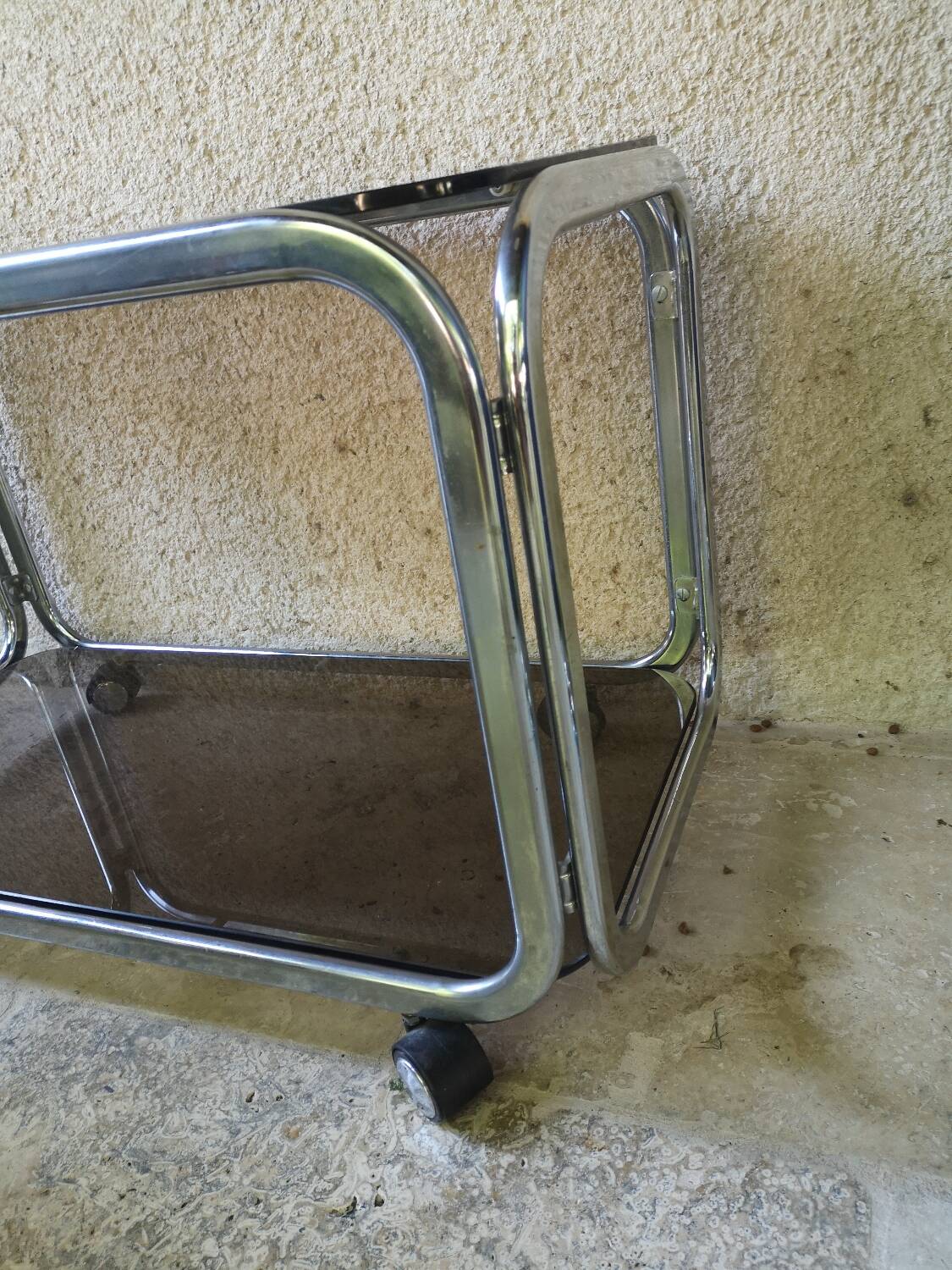 Trolley, hifi table. Smoked silver metal glass 60's