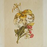 Old botanical plate Yellow lily and pink carnations of the poet