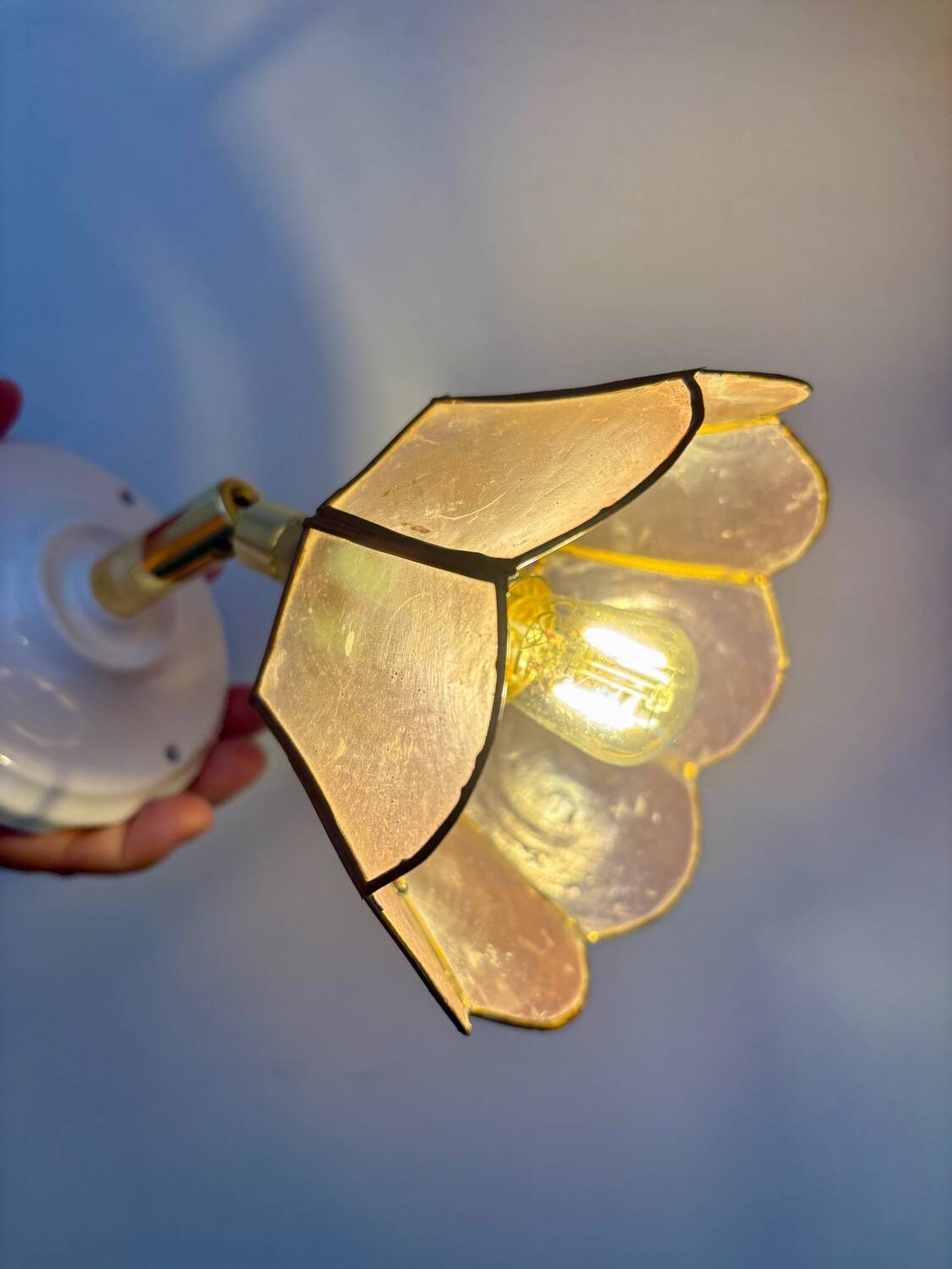 Vintage mother-of-pearl and brass wall lamp with lampshade
