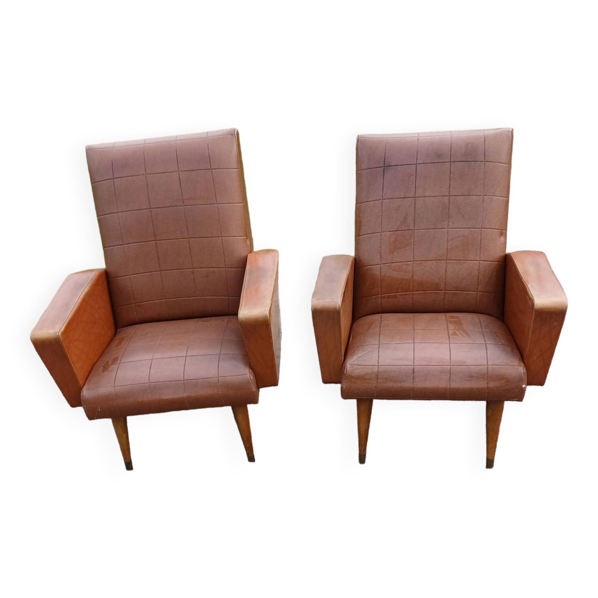 Paire de fauteuils vintage en skaï marron