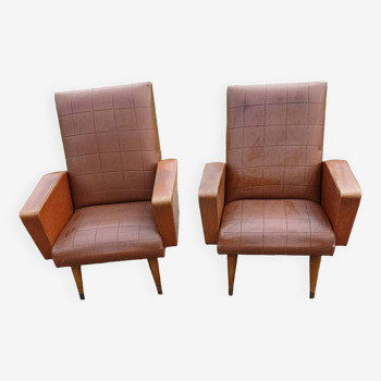 Paire de fauteuils vintage en skaï marron