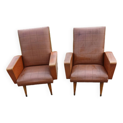 Paire de fauteuils vintage en skaï marron
