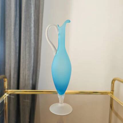 Elegant azure blue blown glass ewer vase