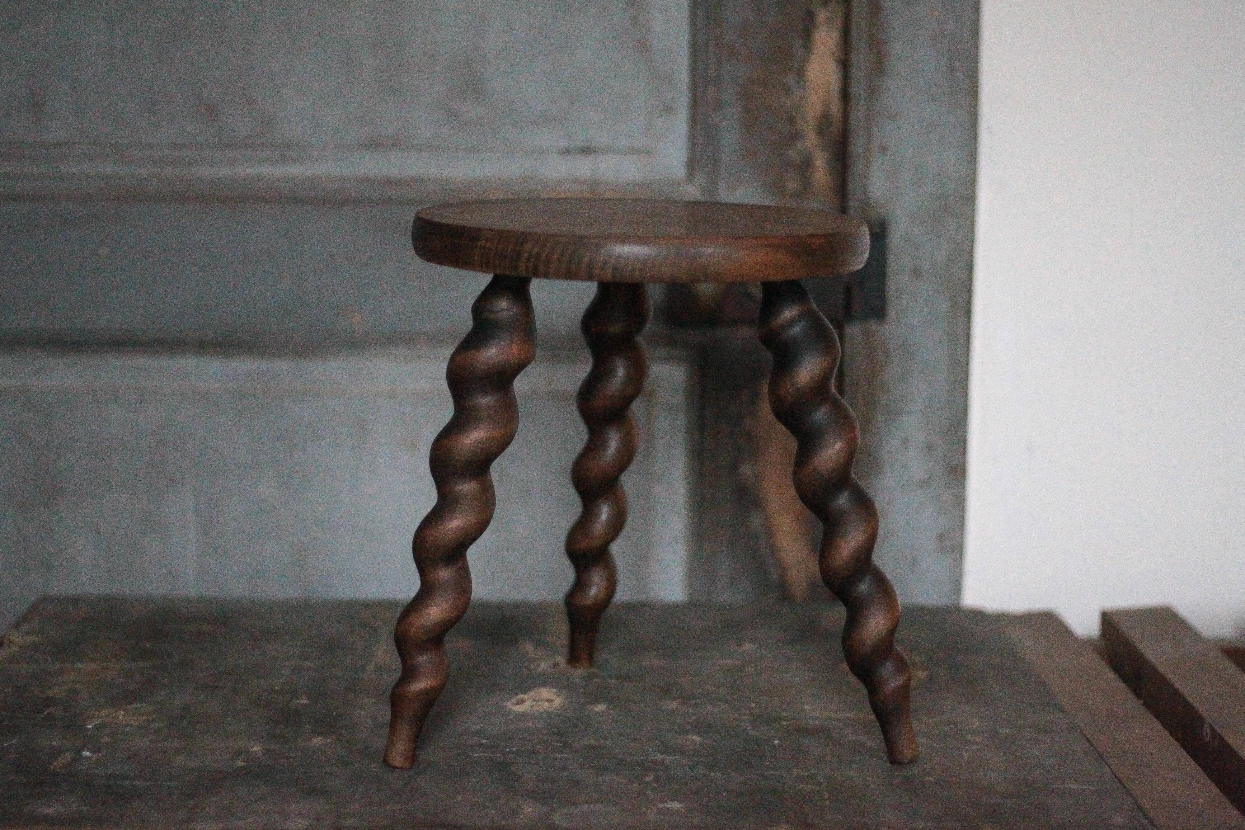 Vintage stool, wooden stool, tripod stool with turned legs, plant stand.