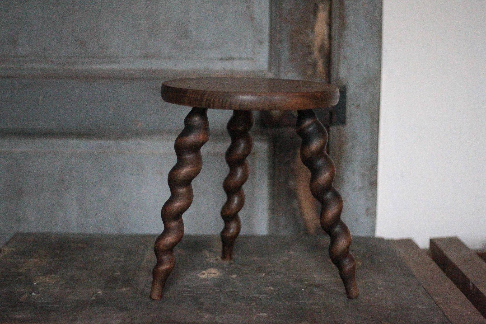 Vintage stool, wooden stool, tripod stool with turned legs, plant stand.