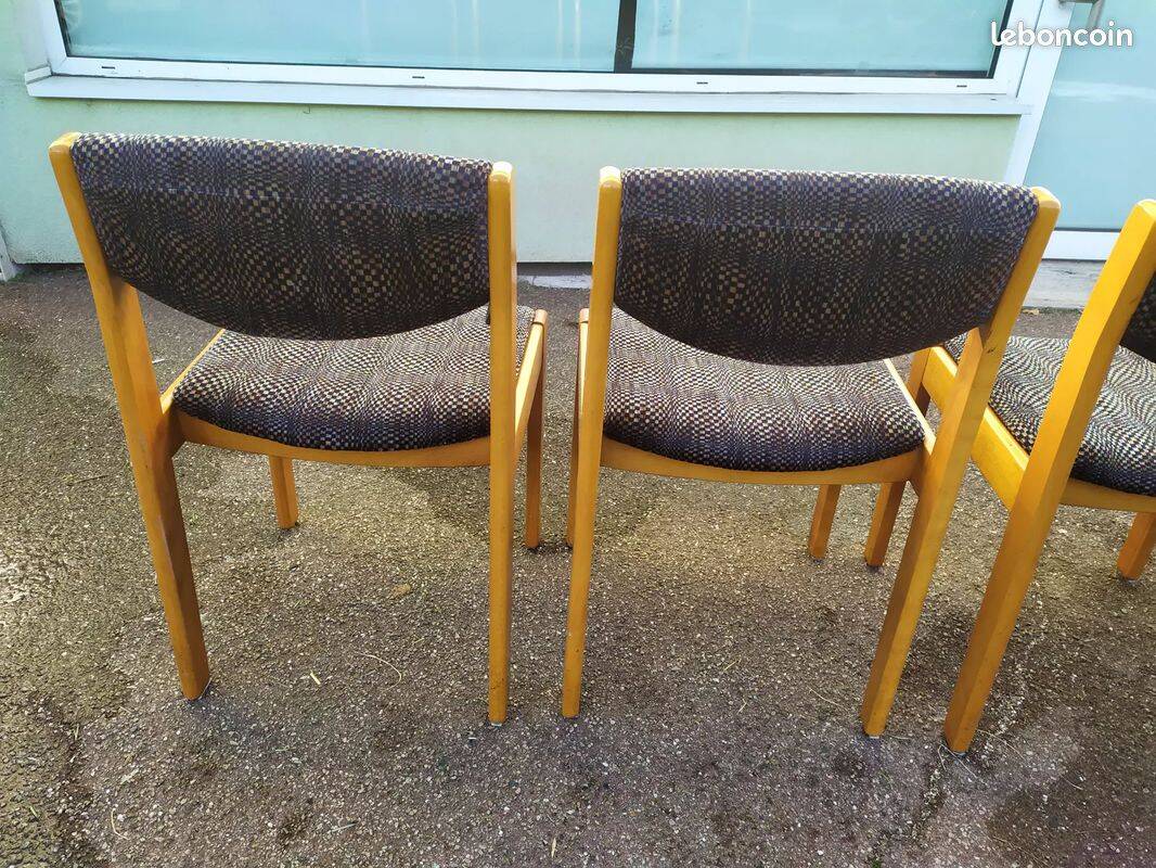 Set of 4 chairs in blond wood and gray fabric - vintage