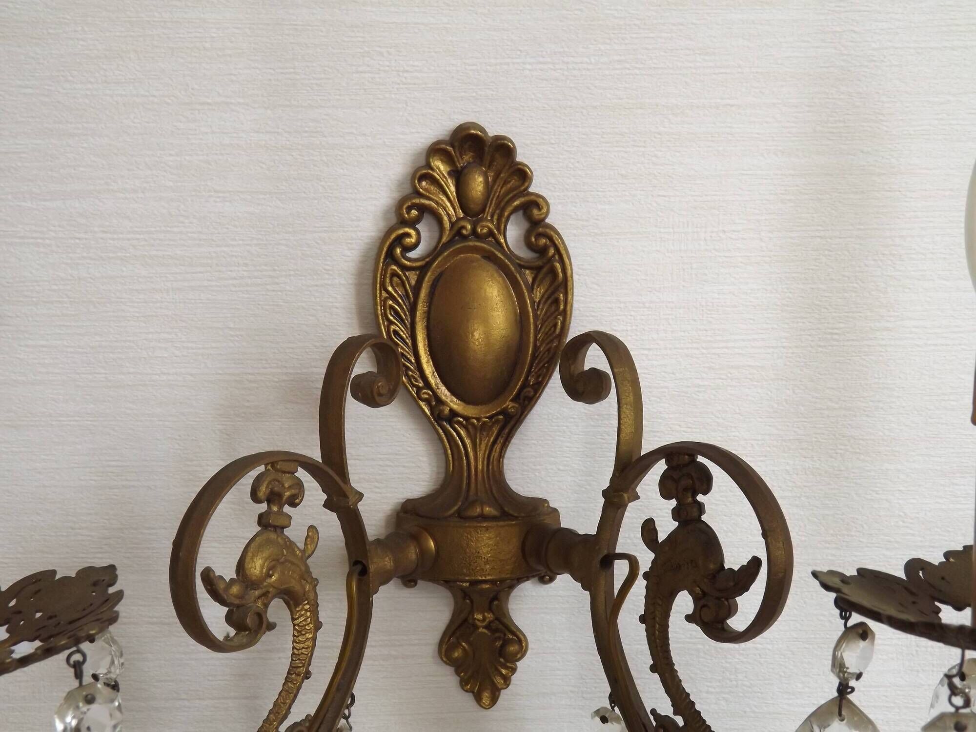 French Vintage Double Bronze & Crystal Wall Light - Stylized Dolphin Detail