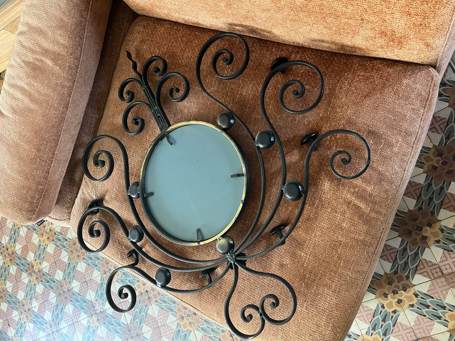Black wrought iron sun mirror, Vallauris 1960-70