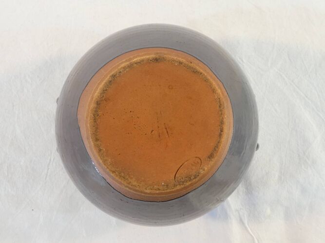 Ancien pot en terre cuite vernissé marron et blanc signé dignac