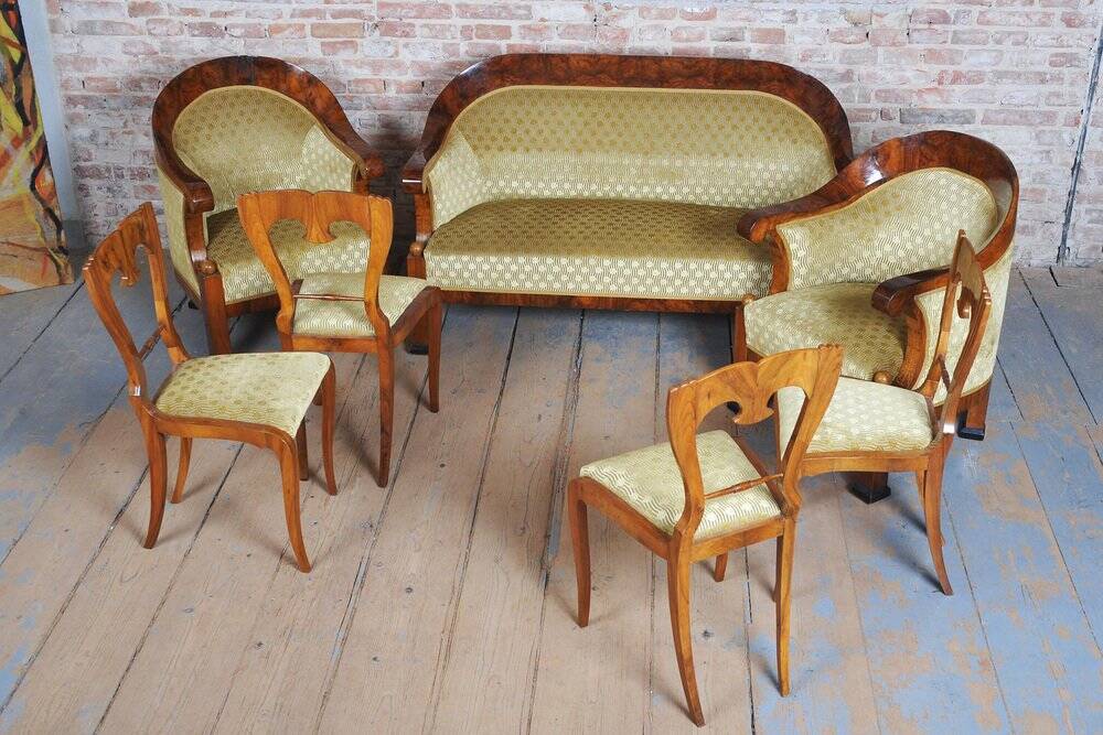 Empire Upholstered and Inlaid Walnut Living Room Set, Austria, 1810s, Set of 3