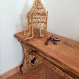 Large old oak farm bench with heart decor