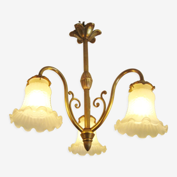 Antique brass chandelier with glass tulips