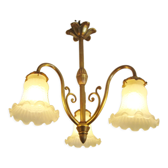 Antique brass chandelier with glass tulips