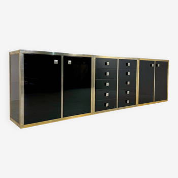 Renato Zevi Brass and Black Lacquered Sideboard of Three Pieces, Italy, 1970s