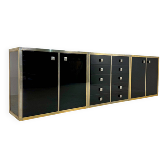 Renato Zevi Brass and Black Lacquered Sideboard of Three Pieces, Italy, 1970s