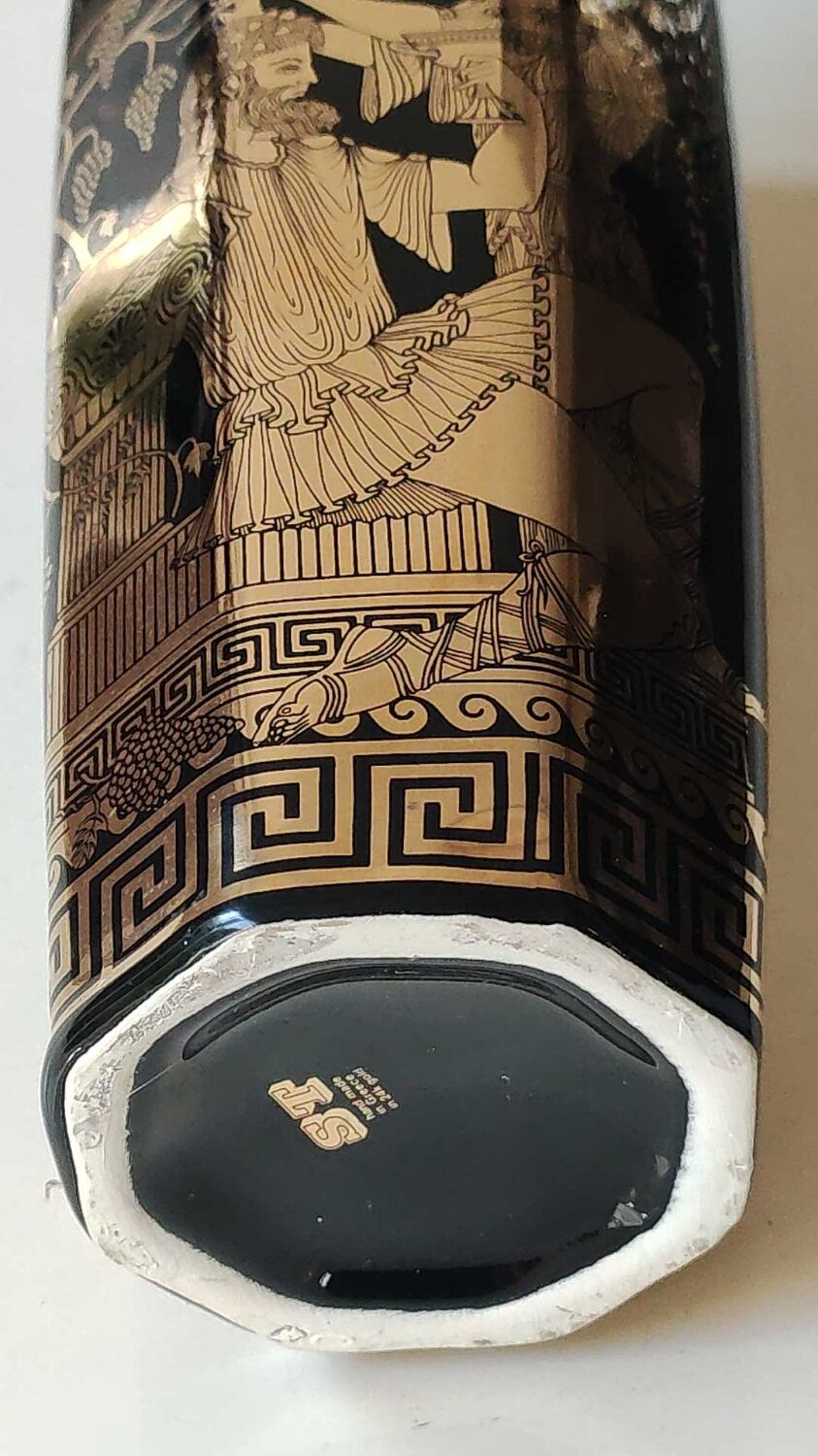 Ancient Greek octagonal vase, tubular porcelain shape. Decoration scenes of life / Gods mythology Greek. Signed ST Handmade in Greece. High 26 cm