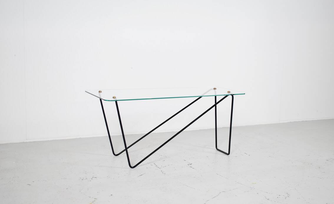 1950's glass and steel coffee table free form