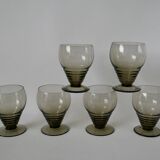 Set of 6 small art deco design wine glasses in smoked glass from the 30s and 40s