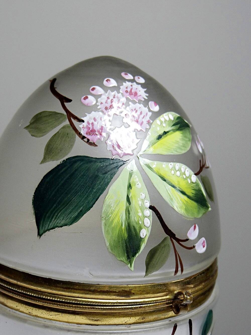 Antique 19th-20th century frosted enamelled glass and brass egg box