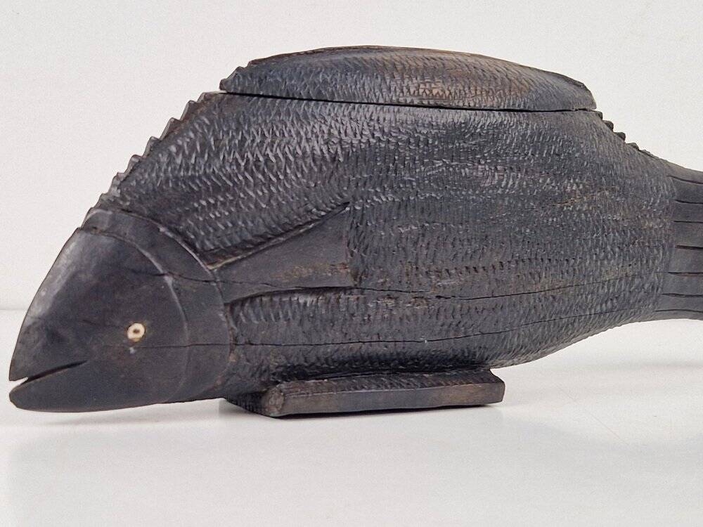 Vintage African Fish Storage Container in Hand-Carved Ebony, 1950s