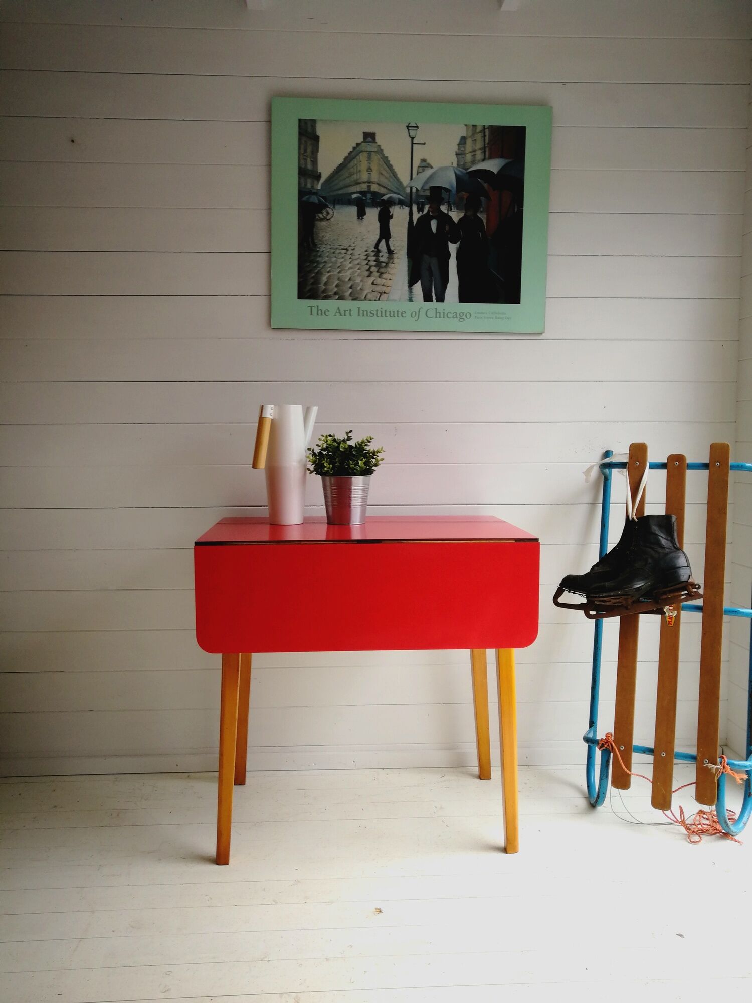 Original 1960’S Red Formica Drop Leaf Dining Table With Wooden Legs, Vintage, Retro, Mid Century, Ki