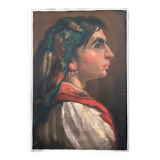 Tableau HSP "Jeune femme à la boucle et au châle" signé Labbéî