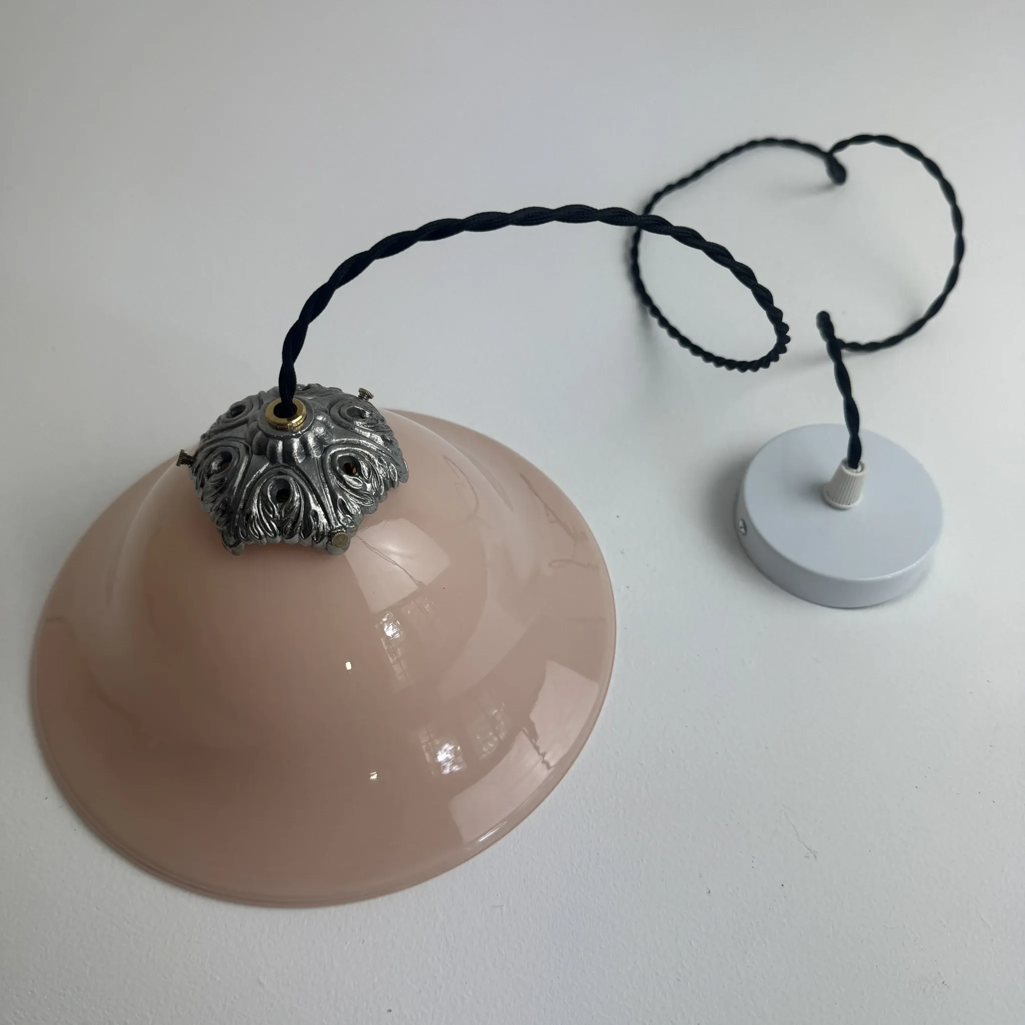 PAIR OF VINTAGE PINK OPALINE CONICAL SUSPENSIONS