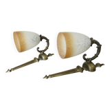 Pair of art deco wall lights in marbled glass and brass