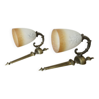 Pair of art deco wall lights in marbled glass and brass