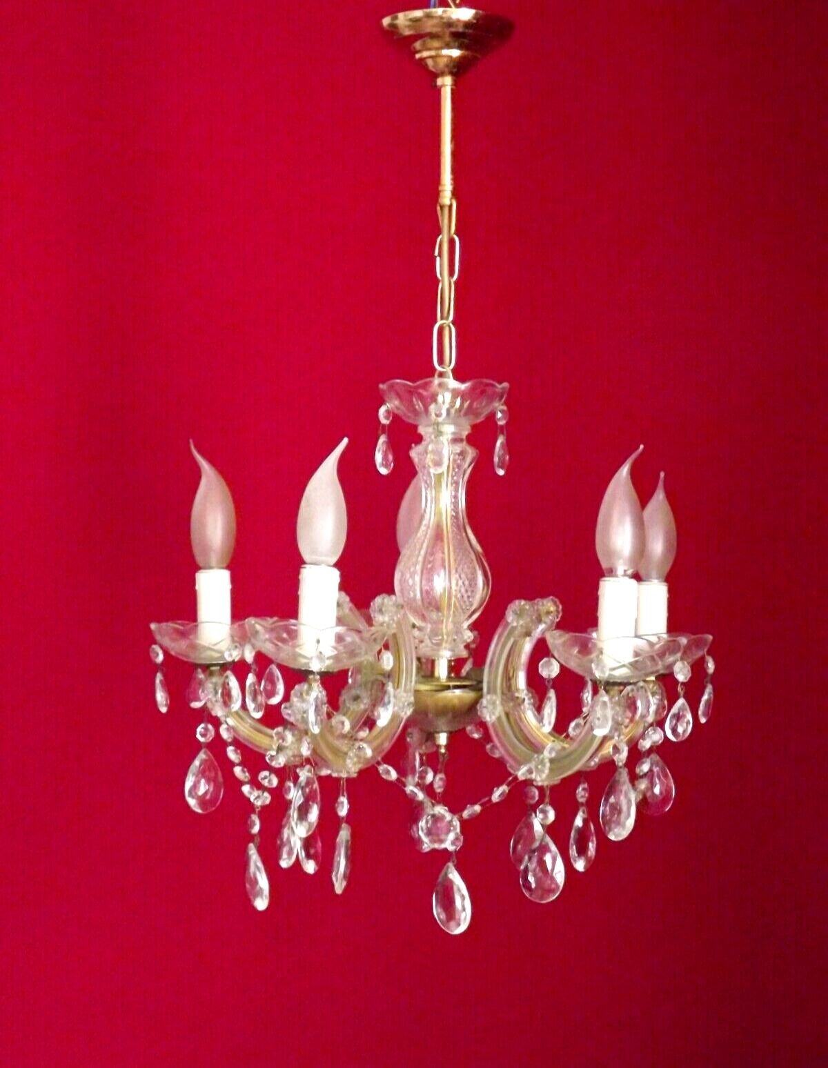 Vintage french metal crystal and glass 5 arm paris chic style chandelier 4228