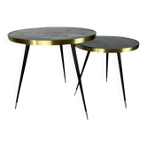 Tables d'appoint en miroir vieilli et laiton, faites à la main