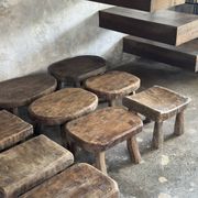 Small stool, rectangular solid teak side table with curved legs.
