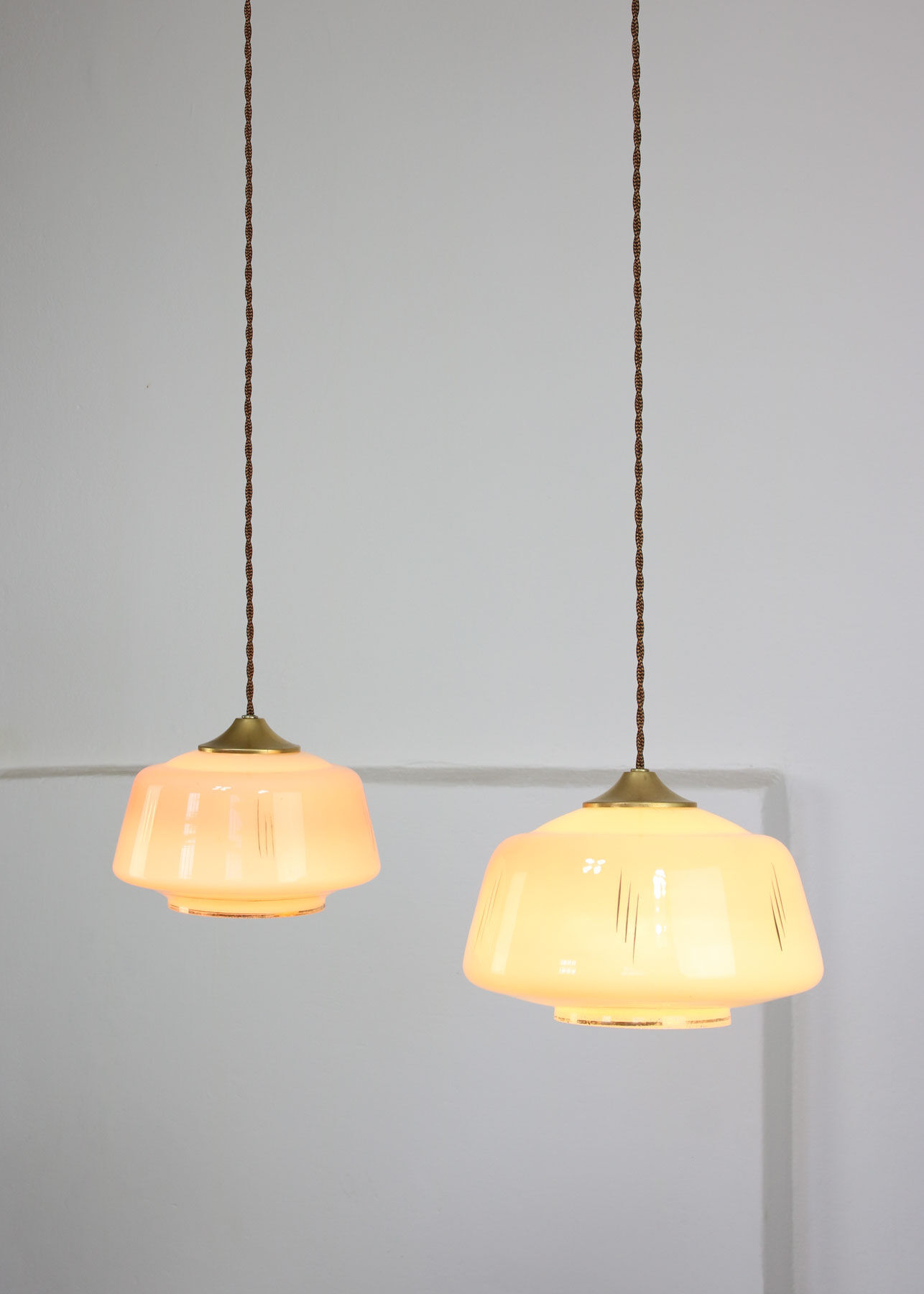 Mid-century glass & brass pendant lamps, set of 2