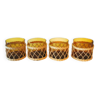 4 verres ambrés et osier 1970