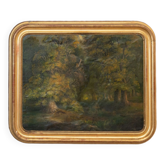 Huile sur toile scène de sous-bois XIXe, 1853 cadre doré