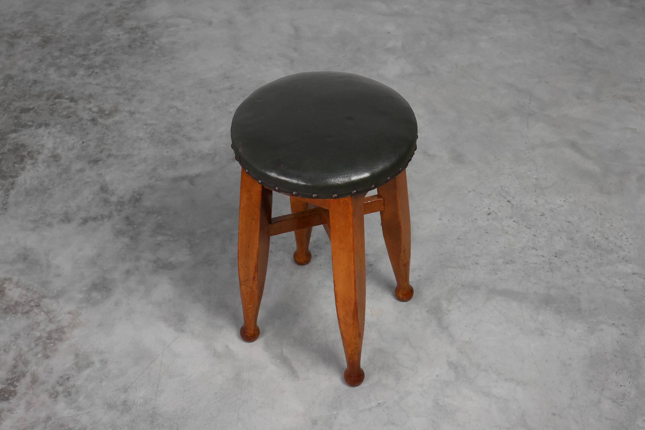 Arts & Crafts Meets Early Art Deco Oak & Leather Stool, France 1920