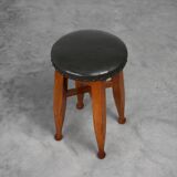 Arts & Crafts Meets Early Art Deco Oak & Leather Stool, France 1920
