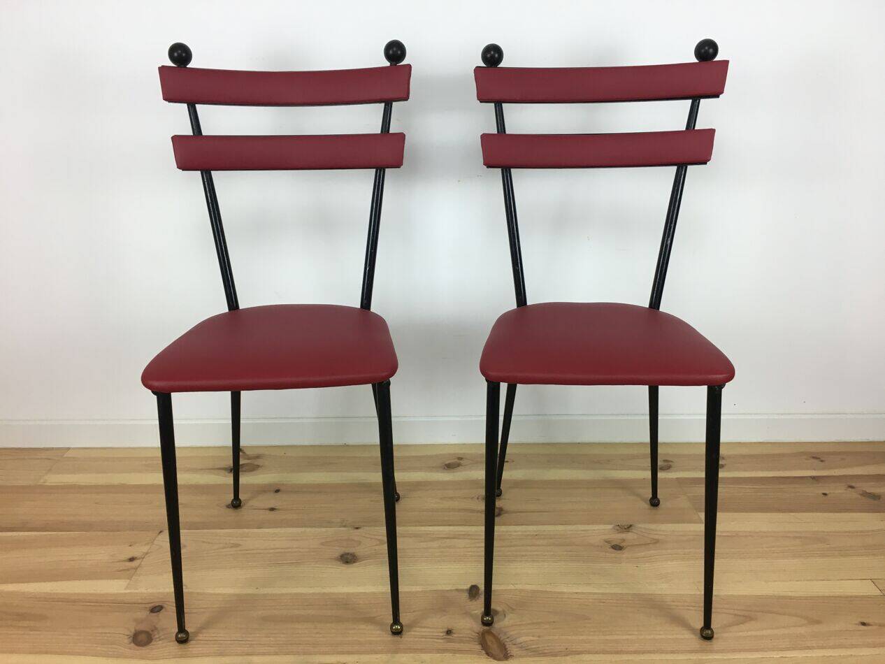 Pair of 1950s chairs in metal and red faux leather, Gueden-Adnet style.