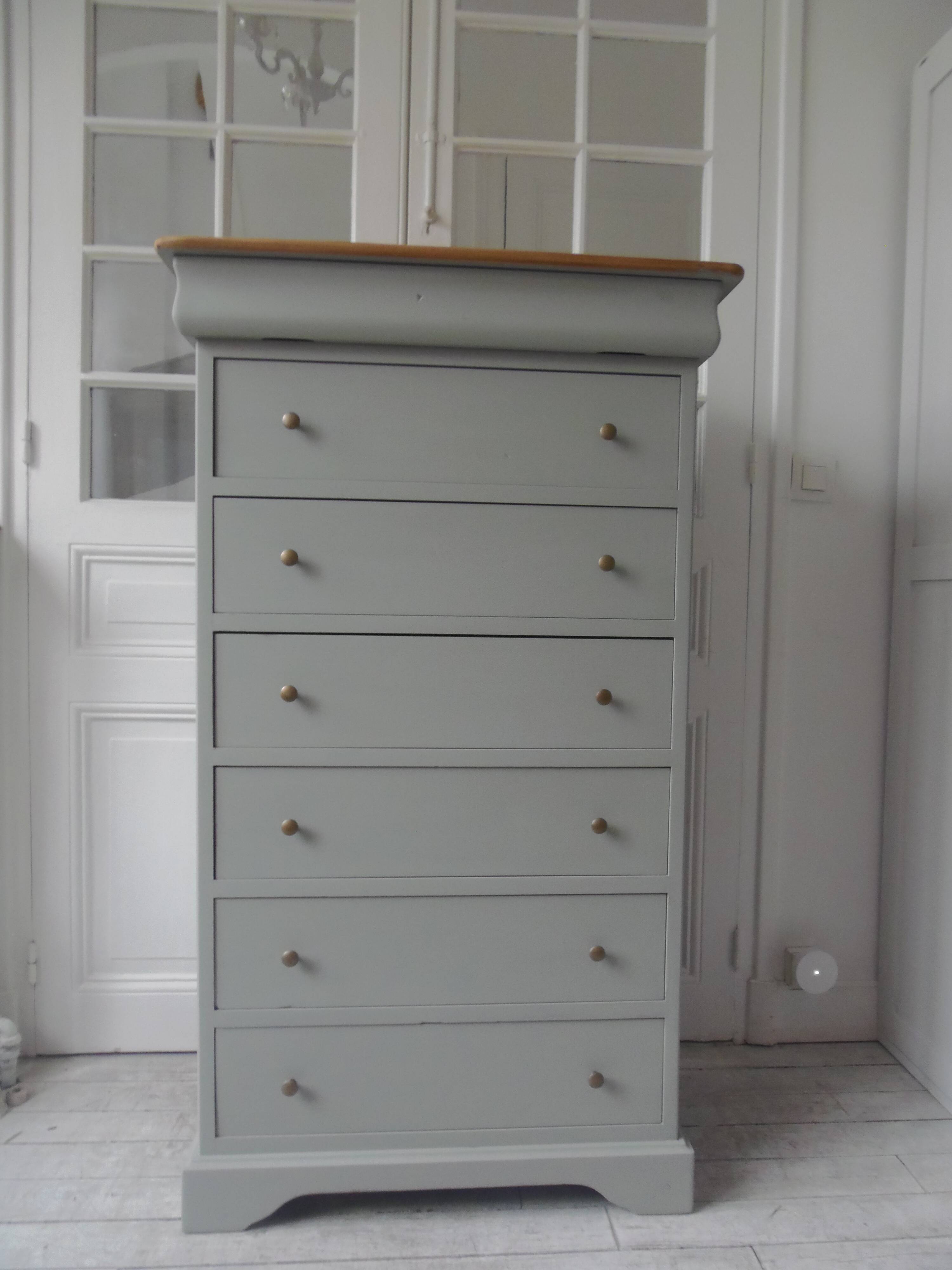 Louis Philippe style chest of drawers, 7 drawers, in verdigris, wooden top