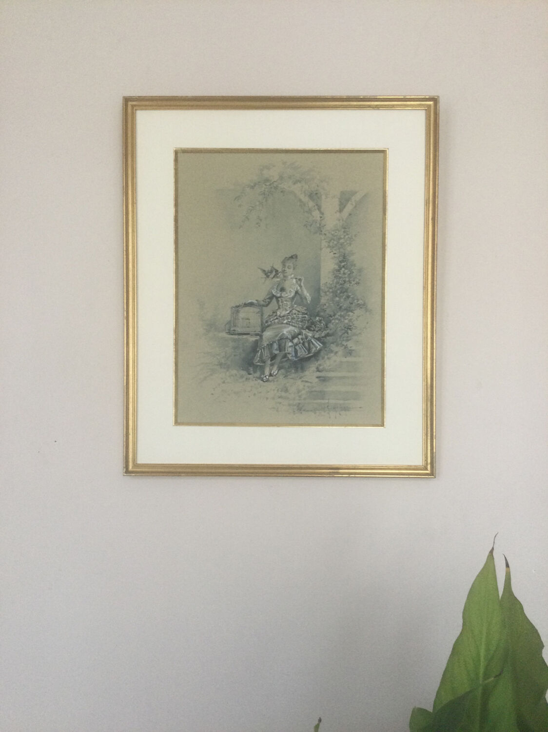 Elegant with birds, wash and gouache by Eugene GRIVAZ, 1860-1918