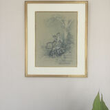 Elegant with birds, wash and gouache by Eugene GRIVAZ, 1860-1918