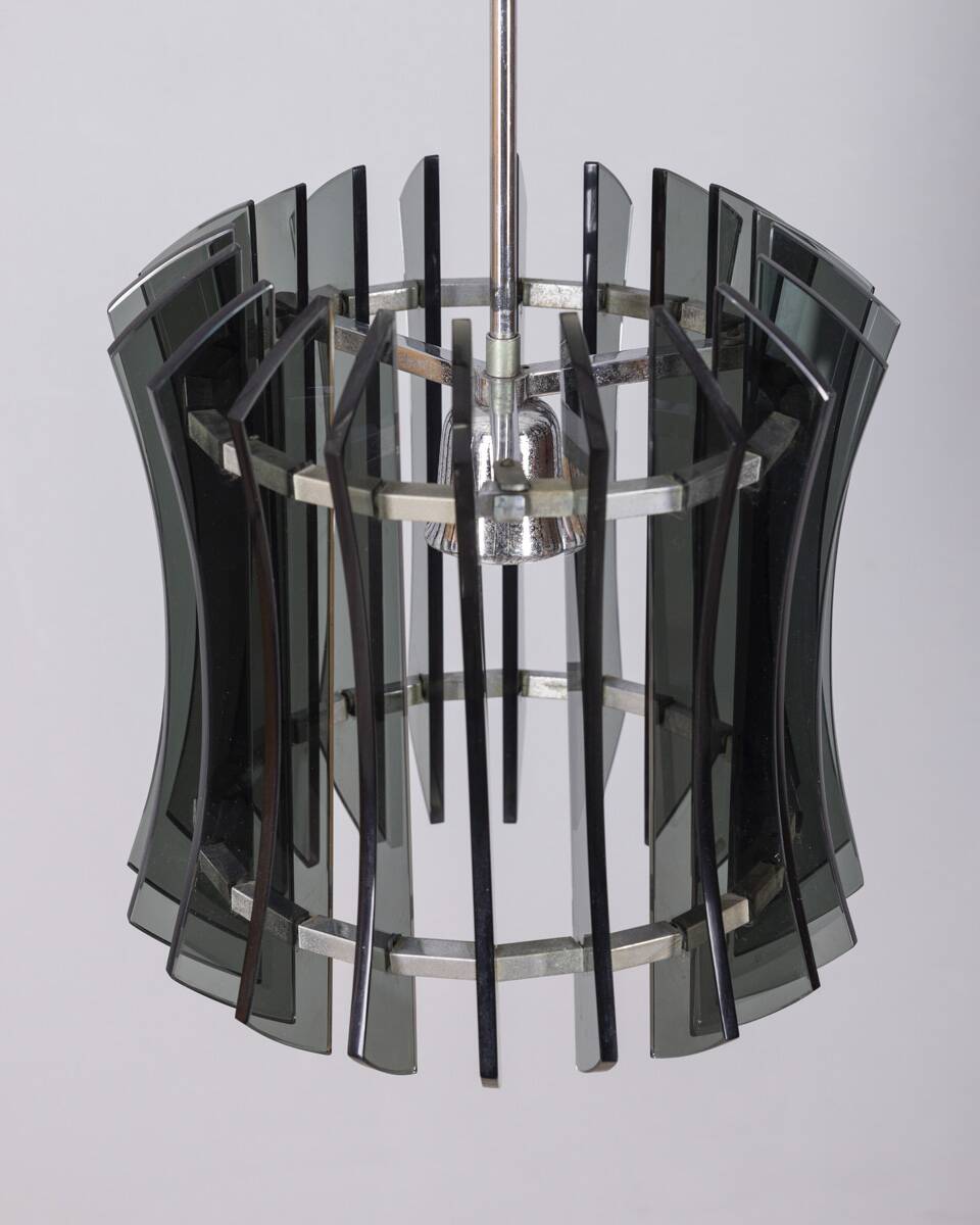 Vintage 1960s chandelier in metal and smoked glass by Veca design