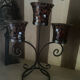 Three-branch candlestick in wrought iron and glass mosaic.