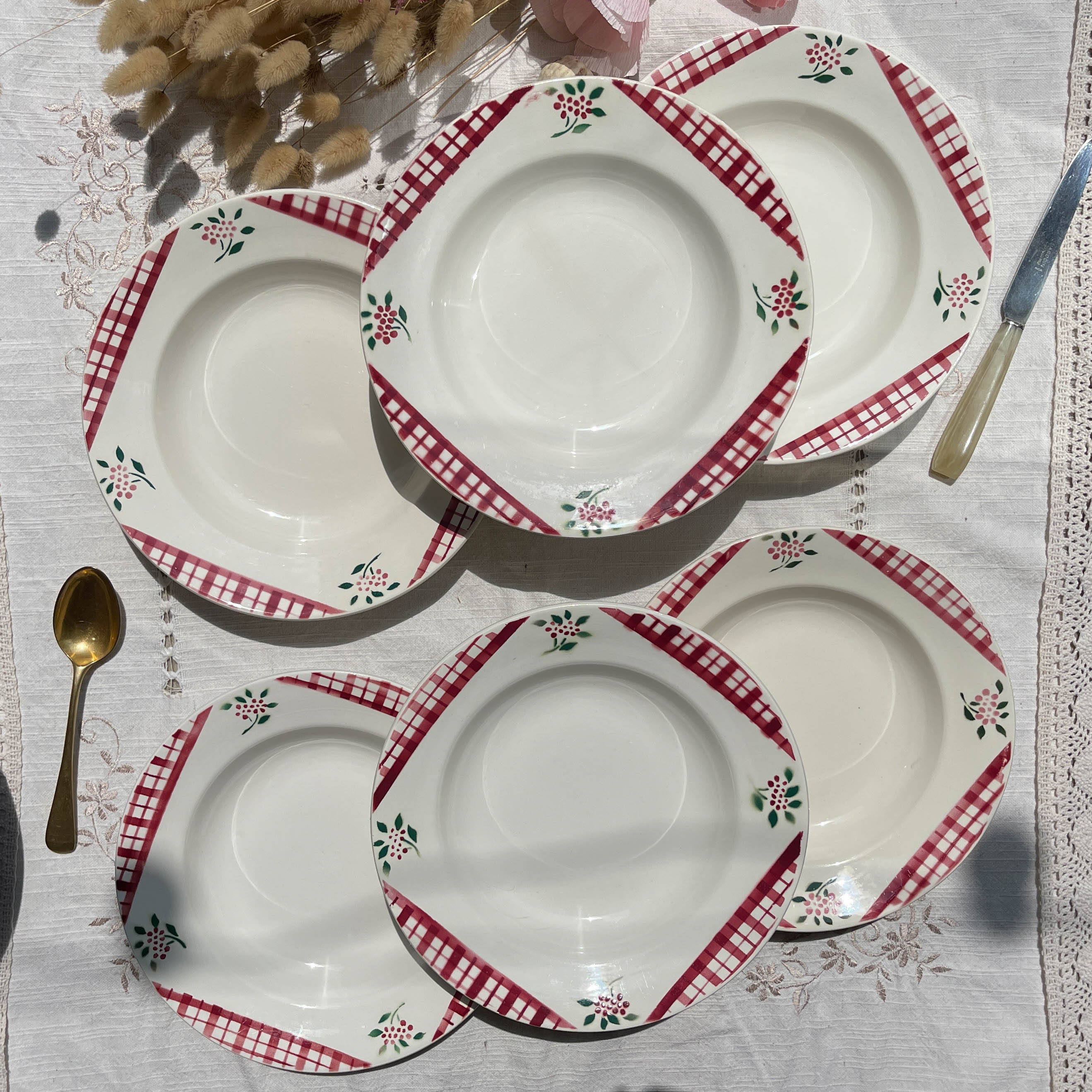 6 Digoin Sarreguemines Niger model soup plates with floral pattern and red/white checks